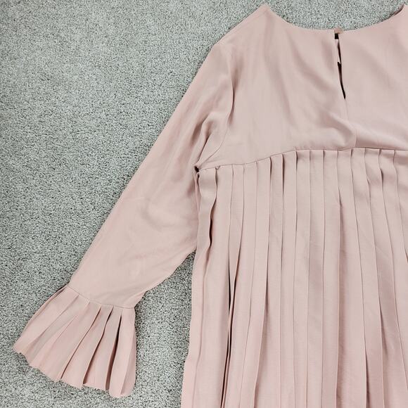 ASOS Womens Trapeze Dress 12 Pink Pleated Empire Waist Keyhole Bell Sleeve Mini - Picture 5 of 13